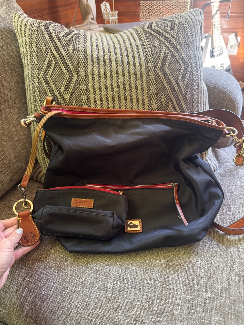 Dooney & Bourke Black Nylon Shoulder Bag with Tan Leather Trim and Red Accents